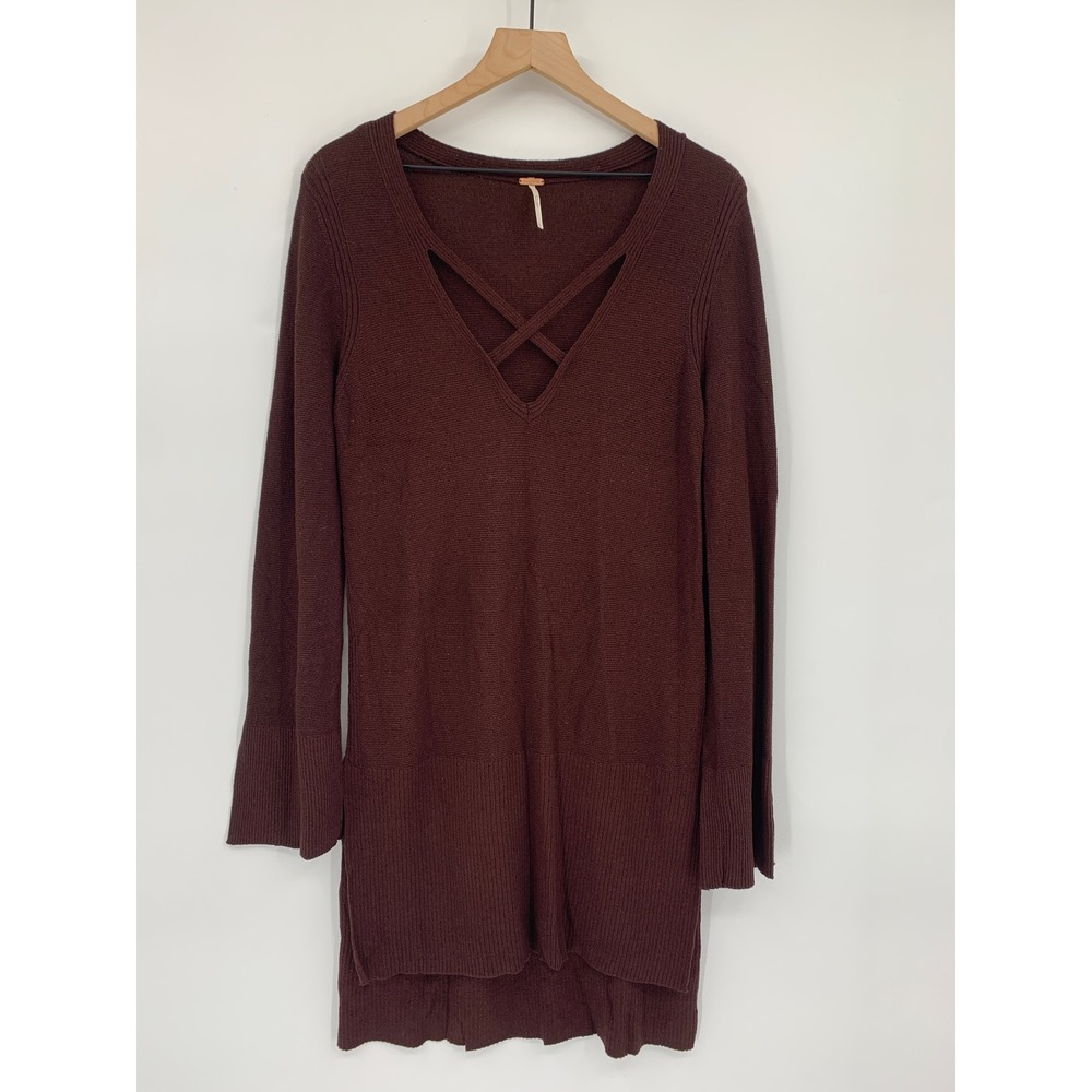 Free People Tunic Sweater Womens Large Brown Strappy V-Neck Ribbed Bell Sleeve